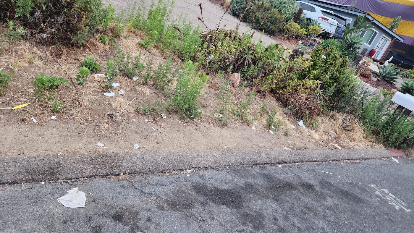 Customer trash blows clear onto a neighbor's yard.